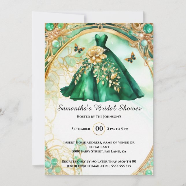 Invitación Noche de oro verde floral mariposa para ser (Anverso)