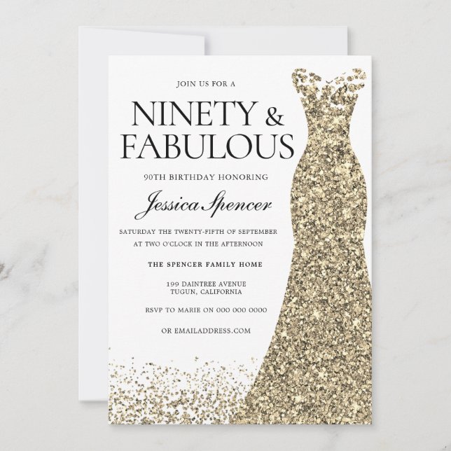 Invitación Noche de oro Vestido de espuma mujeres 90 cumpleañ (Anverso)