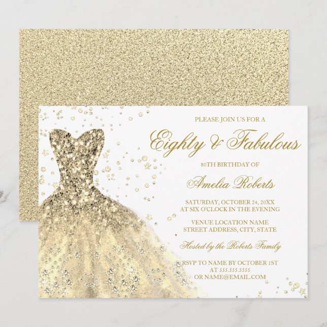 Invitación Noche de oro Vestimenta mujeres 80 cumpleaños fies (Anverso / Reverso)