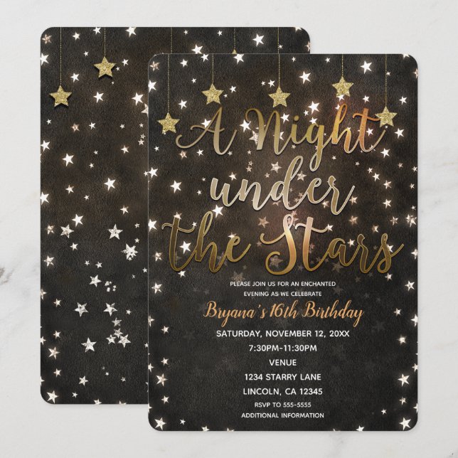 Invitación Noche de oro y negro bajo las estrellas dulce 16 (Anverso / Reverso)