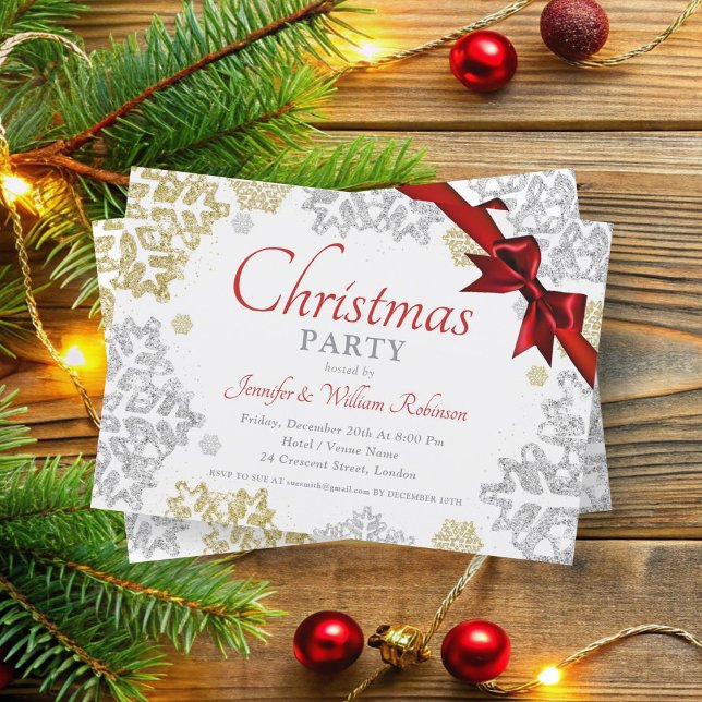 Invitación Noche de oro y plata para copas de nieve navidad (Simple Gold & Silver Snowflakes Xmas Holiday Invitation)