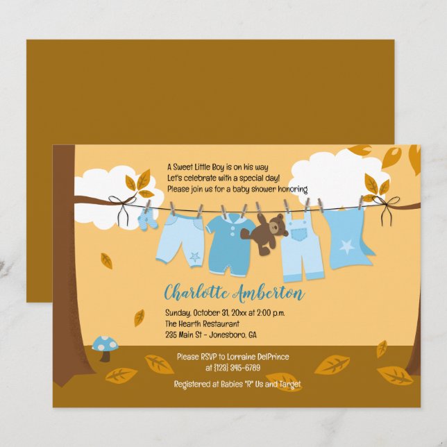 Invitación Noche de otoño Clothesline Blue BOY 5x7 Baby Showe (Anverso / Reverso)