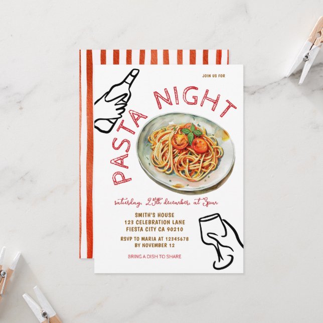 Invitación Noche de Pasta Fiesta de Cena Italiana  (Anverso/Reverso In Situ)