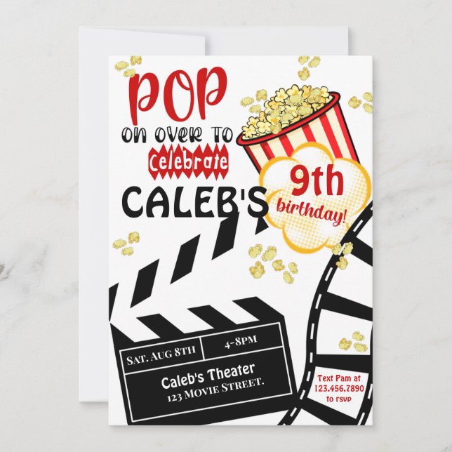 Invitación Noche de película|Cine|Popcorn| Fiesta de cumpleañ (Anverso)