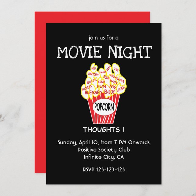 Invitación Noche de Película con Palomitas de Maíz Fiesta (Anverso / Reverso)