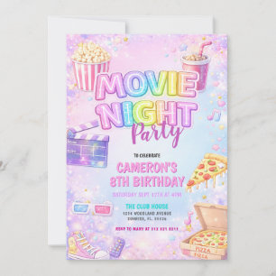Invitación Noche de Película Cumpleaños Fiesta Pastel Rosa