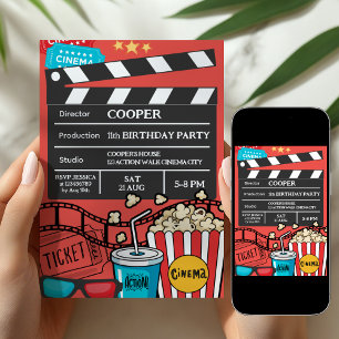 Invitación Noche de Película Roja Fiesta de Cumpleaños para N