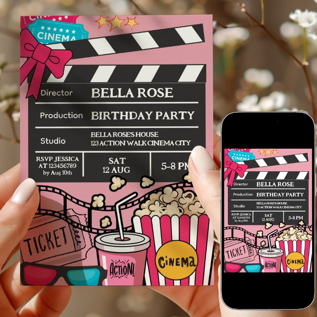 Invitación Noche de Película Rosa Fiesta de Cumpleaños para N (Subido por el creador)