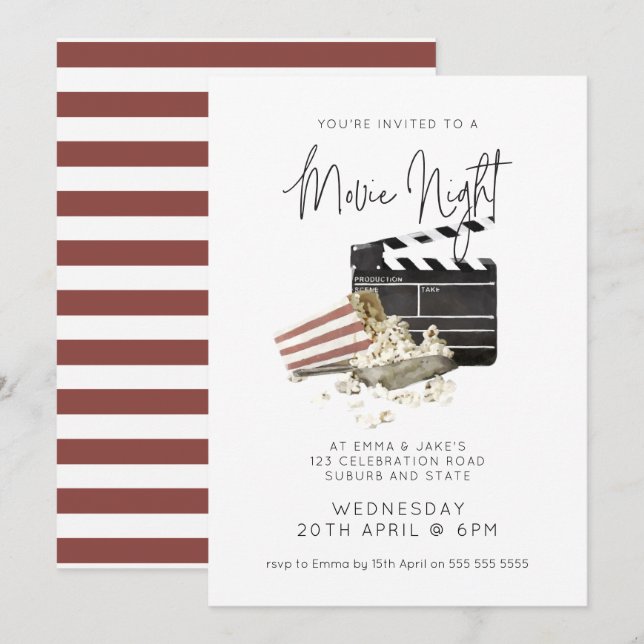 Invitación Noche de películas de color canela (Anverso / Reverso)