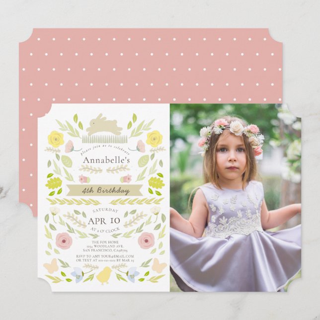 Invitación Noche de primavera de Chica rosa de conejo floral (Anverso / Reverso)