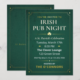 Invitación Noche de Pub Irlandés Dorado y Verde Vintage St Pa