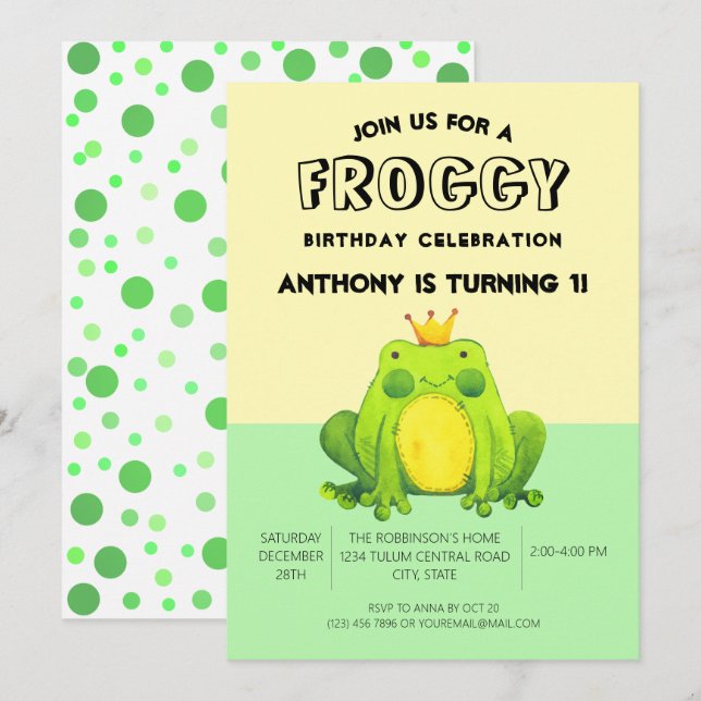 Invitación Noche de rana de primer cumpleaños verde confetti  (Anverso / Reverso)