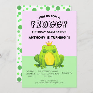 Invitación Noche de rana de primer cumpleaños verde confetti 