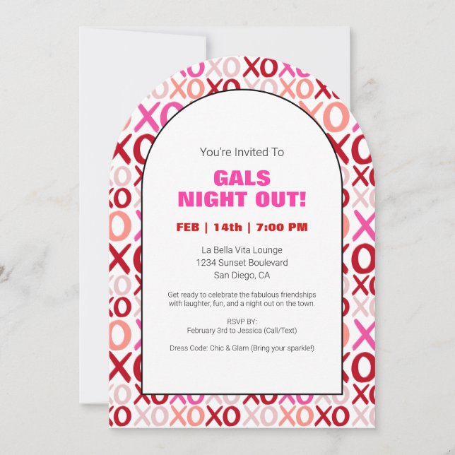 Invitación Noche de salida de gafas XOXO Arco rosa Galentina  (Anverso)