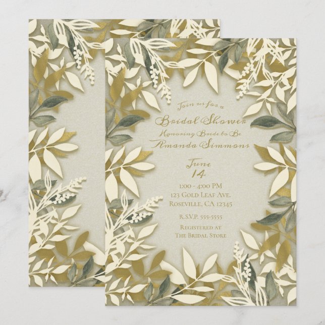 Invitación Noche de saltos botánicos de crema blanca dorada (Anverso / Reverso)