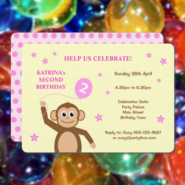 Invitación Noche de segundo cumpleaños de mono lindo (Showing the rounded corners option)