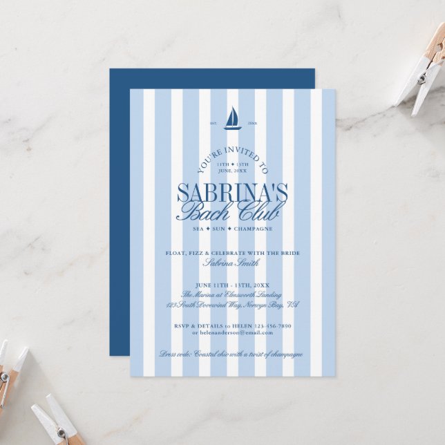 Invitación Noche de soltera con rayas azules náuticas  (Anverso/Reverso In Situ)