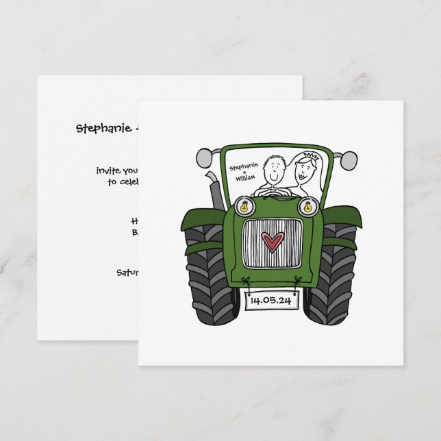 Invitación Noche de Tractor Verde de Boda de País personaliza (Anverso / Reverso)