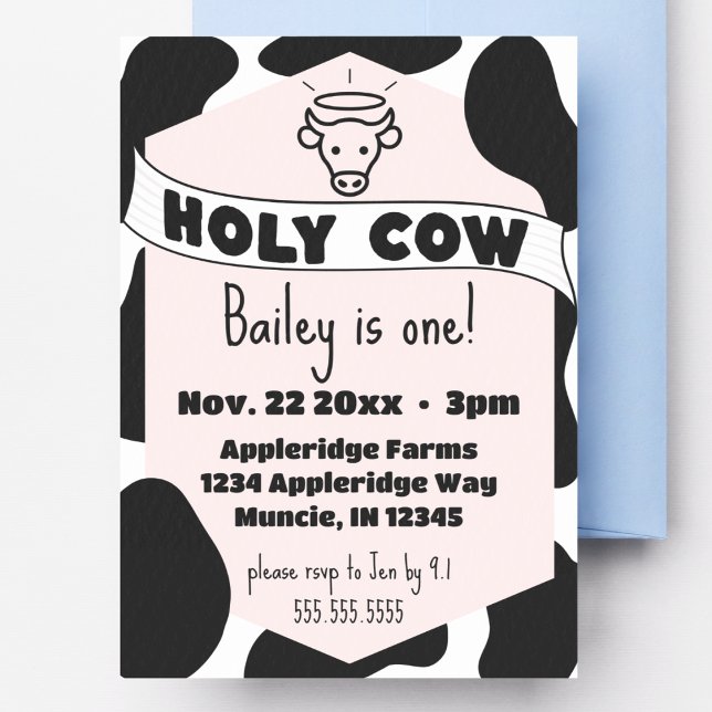 Invitación Noche de vaca sagrada imprimió un cumpleaños moder (holy cow birthday invitation cute modern custom details pink cow print trendy bday invite)