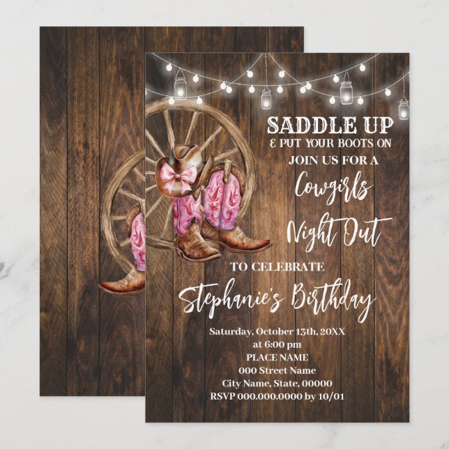 Invitación Noche de vacas en el Pink Western Country Birday (Anverso / Reverso)