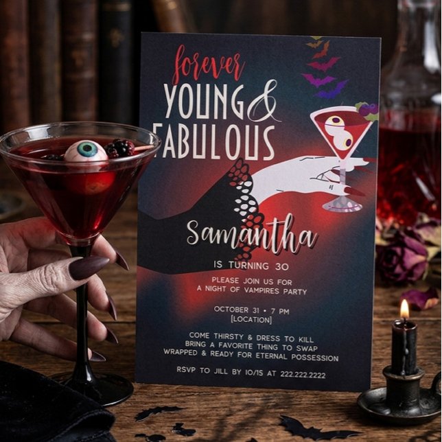 Invitación Noche de vampiros Fiesta de cumpleaños de Hallowee (Gothic-inspired Forever Young & Fabulous Halloween Birthday Boozy Creepy Gift Exchange Party)