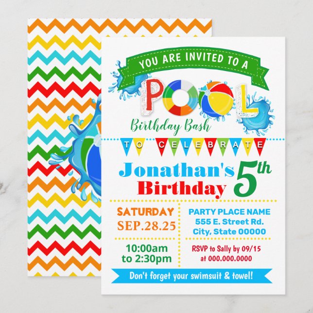 Invitación Noche de verano de fiesta de cumpleaños de piscina (Anverso / Reverso)