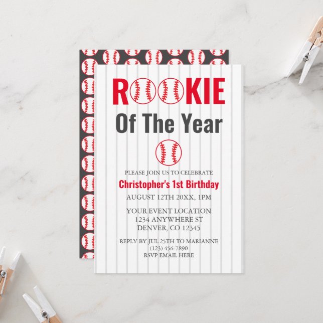 Invitación Noche del Año Béisbol Primer Cumpleaños (Anverso/Reverso In Situ)
