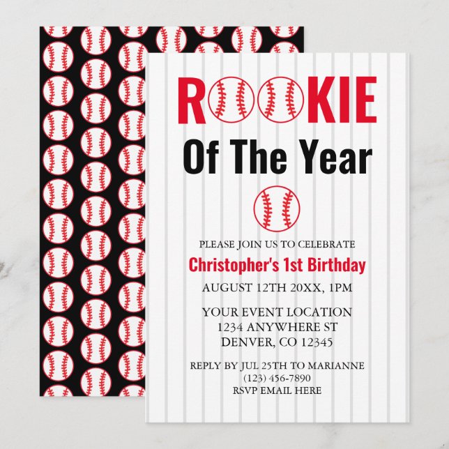 Invitación Noche del Año Béisbol Primer Cumpleaños (Anverso / Reverso)