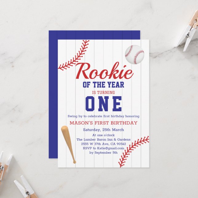 Invitación Noche del Año Béisbol Primer Cumpleaños (Anverso/Reverso In Situ)