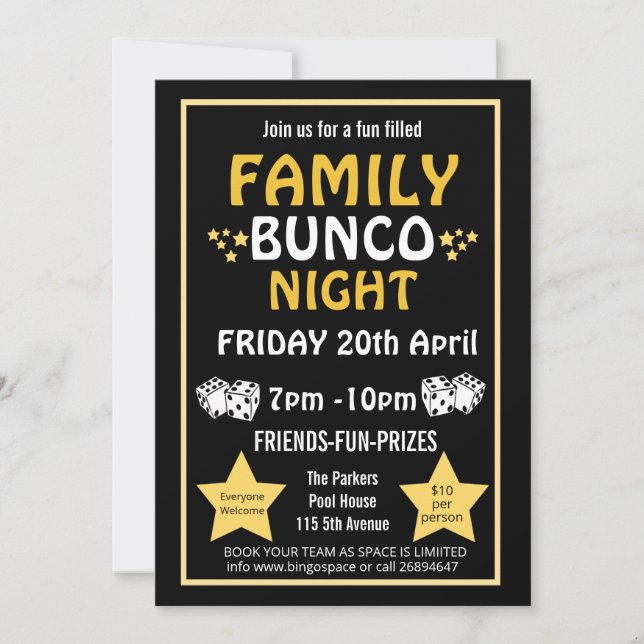 Invitación Noche del bunco de la familia, acontecimiento PTO (Anverso)
