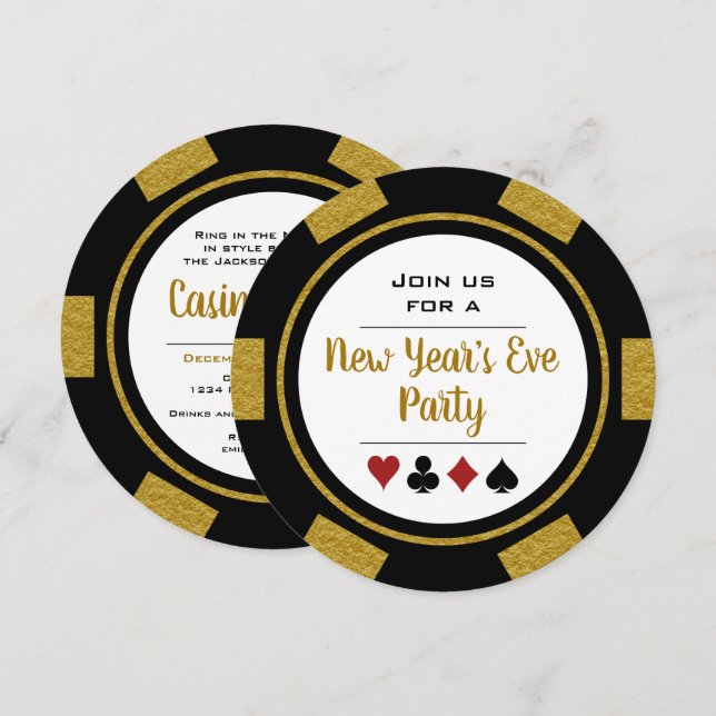 Invitación Noche del Casino Black Gold Poker Chip Noche de Añ (Anverso / Reverso)