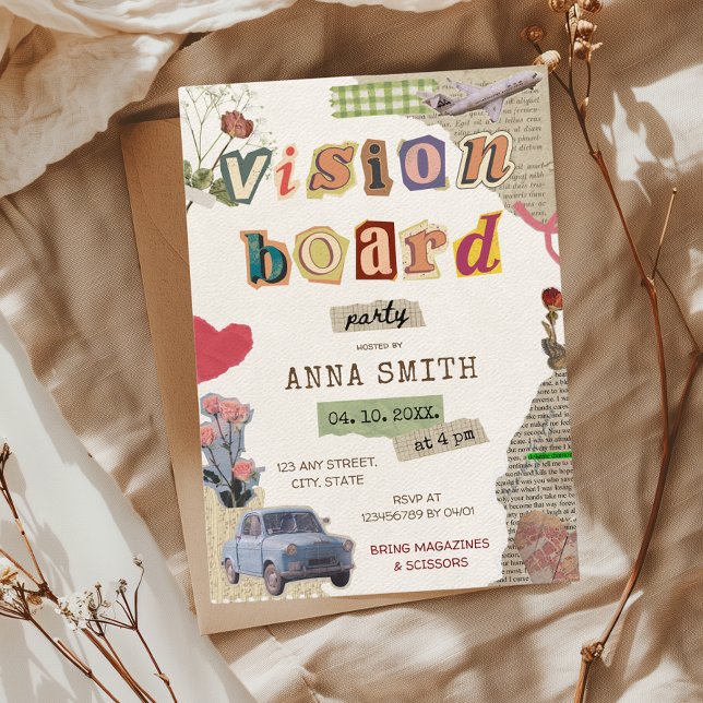 Invitación Noche del Chica del Fiesta de Vision Board (Vision Board Party Invitation Eat Drink Manifest Girl's Night New Years Resolutions)