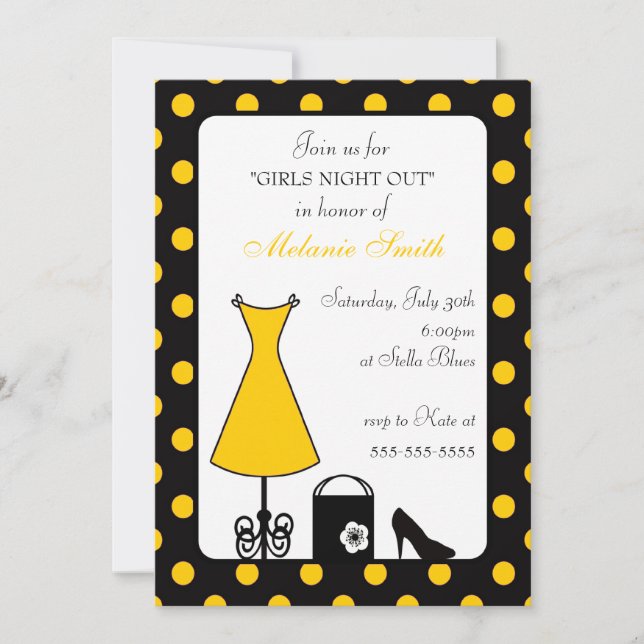 Invitación Noche del Chica del Punto de Polka Amarillo Negro (Anverso)