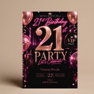 Invitación Noche del Club VIP Cumpleaños 21 Pink Black