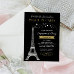 Invitación Noche en París<br><div class="desc">¡Oh La La! Esta invitación a la fiesta de compromiso de inspiración francesa "Night in Paris" incluye una brillante purpurina de plata en la Torre Eiffel y un esquema de color de moda de oro antiguo, negro y blanco. El texto elegante y elegante puede ser completamente personalizado con los nombres...</div>