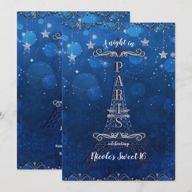 Invitación Noche en París bajo las estrellas Fiesta de Plata  (Anverso / Reverso)