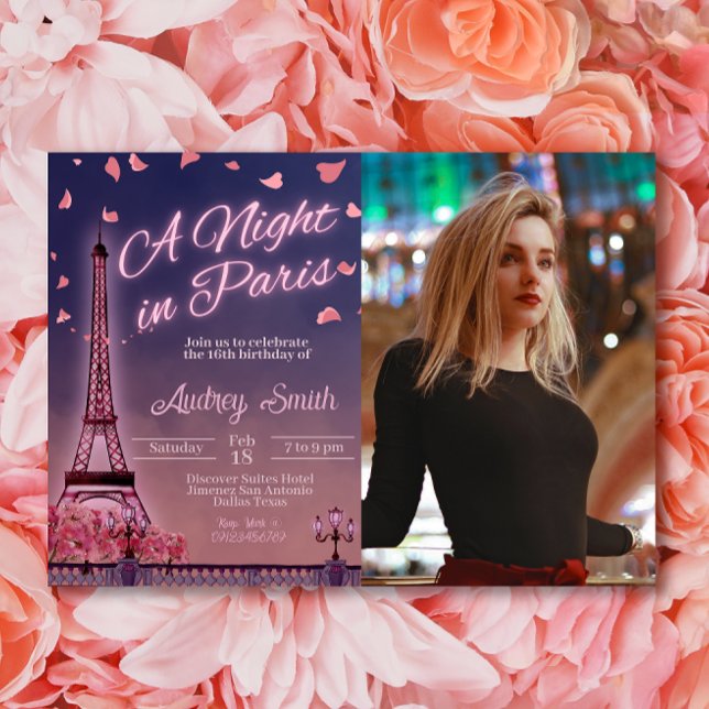 Invitación Noche en París - Cumpleaños con foto (Night in Paris - Birthday with Photo Invitation)