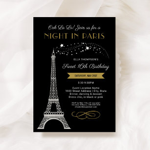 Invitación Noche en París Eiffel Tower Gold Sweet 16 cumpleañ