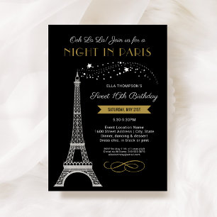 Invitación Noche en París Eiffel Tower Gold Sweet 16 cumpleañ