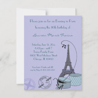 Invitación Noche en París invitada a fiesta con temas púrpura