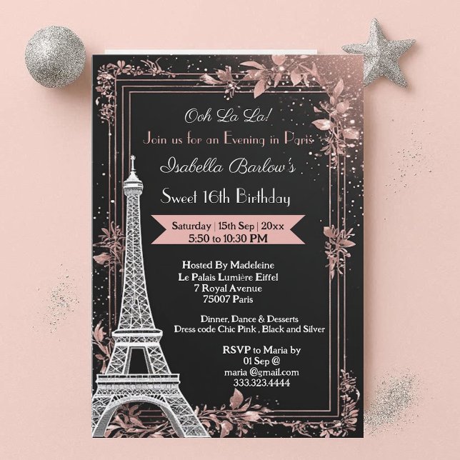 Invitación Noche en París Torre Eiffel Cumpleaños Dulces 16 (Evening in Paris Eiffel Tower Sweet 16 Birthday Invitation)