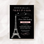 Invitación Noche en París Torre Eiffel Dulce 16 cumpleaños<br><div class="desc">¡Oh La La! La invitación a la fiesta de cumpleaños Sweet 16, inspirada en Francia, "Night in Paris", incluye una brillante purpurina de plata en la Torre Eiffel y una combinación de colores de moda rosa claro y negro. El texto elegante y elegante puede ser completamente personalizado con el nombre...</div>