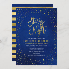 Invitación Noche estrellada azul acuarela falso oro baile de