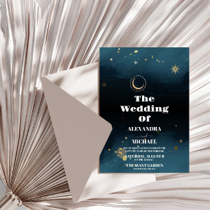 Invitación Noche estrellada azul marino bodas con brillo de p