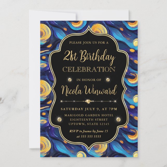 Invitación Noche estrellada azul y amarilla Cumpleaños 21 (Anverso)