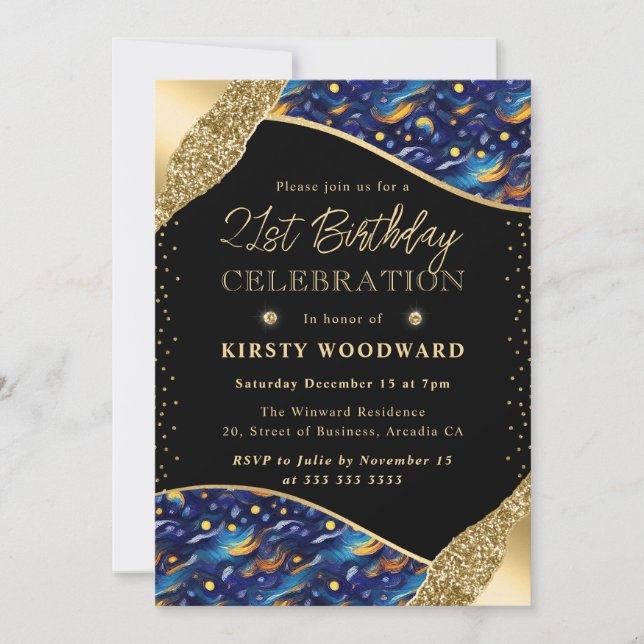 Invitación Noche estrellada azul y amarilla Cumpleaños 21 (Anverso)