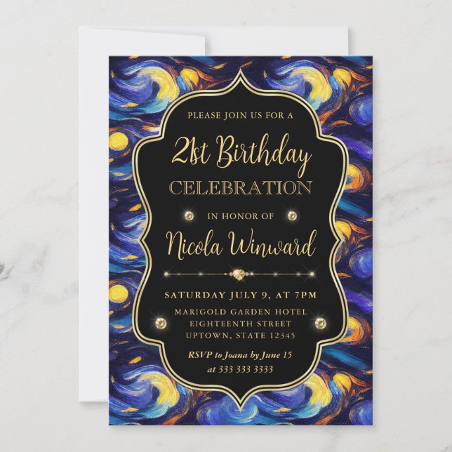 Invitación Noche estrellada azul y amarilla Cumpleaños 21 (Anverso)
