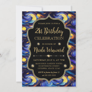 Invitación Noche estrellada azul y amarilla Cumpleaños 21