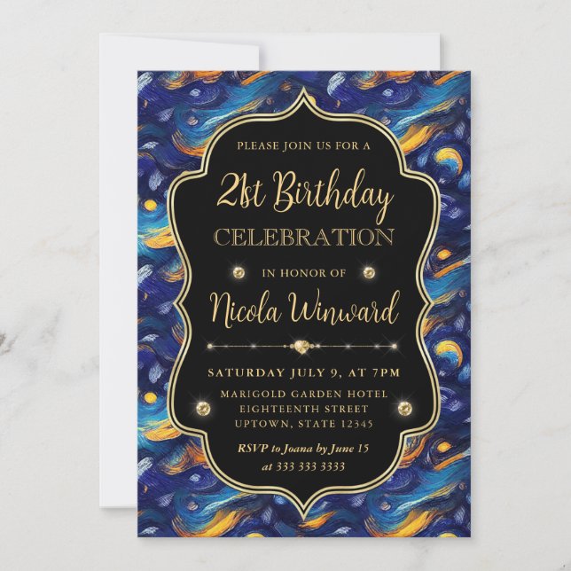 Invitación Noche estrellada azul y amarillo 21 cumpleaños (Anverso)