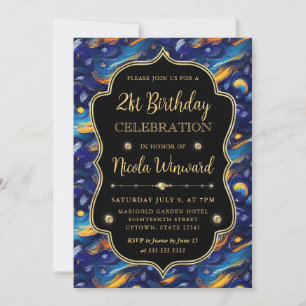 Invitación Noche estrellada azul y amarillo 21 cumpleaños